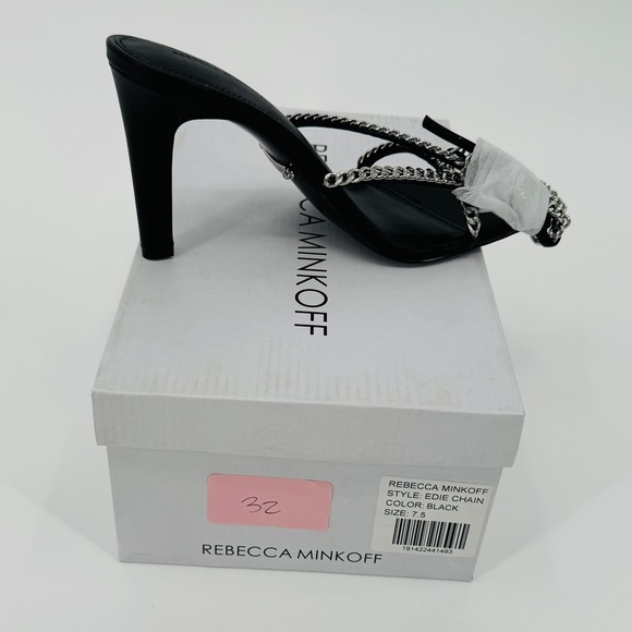 Rebecca Minkoff Edie Chain Strappy Black Heels Size 7.5 Leather Square Toe - Picture 10 of 11